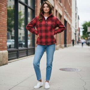 Sherpa Black Red Buffalo Plaid Quarter Zip Pull Over Jacket L Pockets